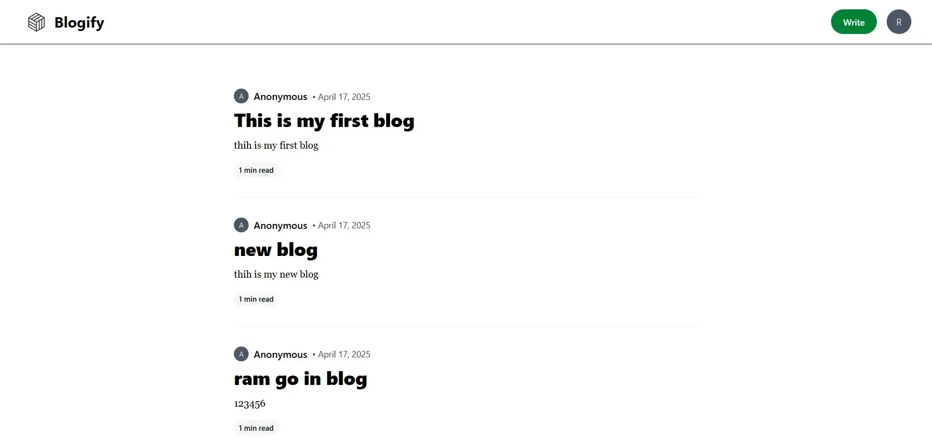 Blogify blogging platform screenshot featuring published articles, user auth, and clean dark mode UI