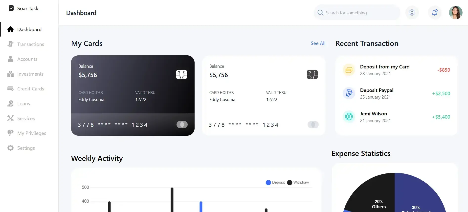 Soar financial dashboard UI displaying modern charts and transactions list