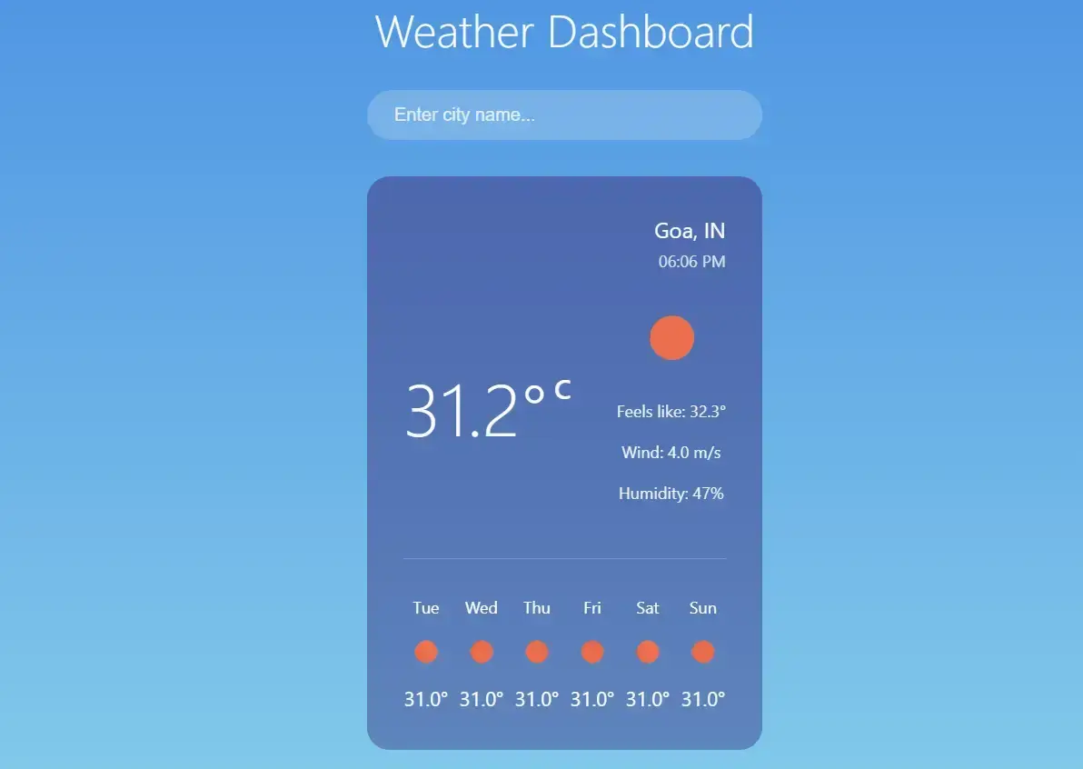 Weather application interface showing search bar and current temperature dashboard