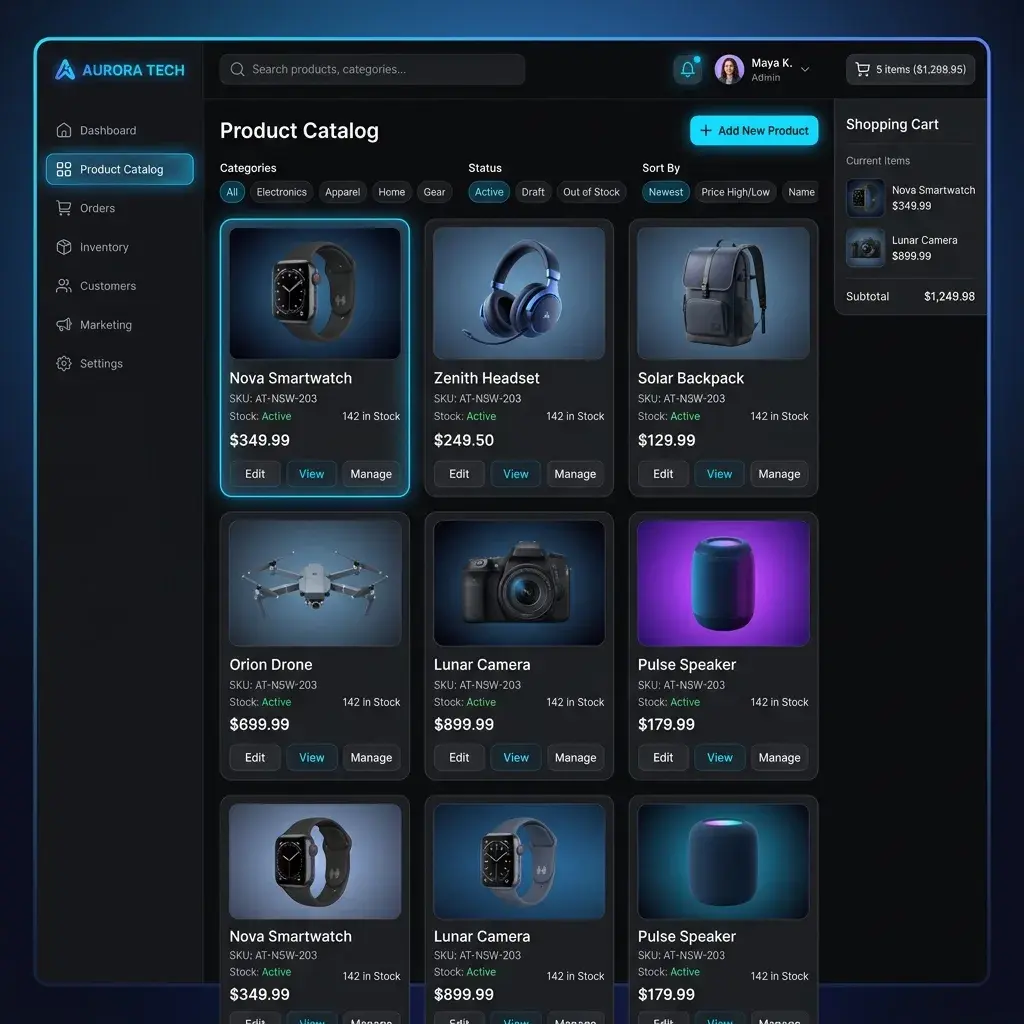 Premium dark obsidian e-commerce web application dashboard UI featuring product collections and category filters