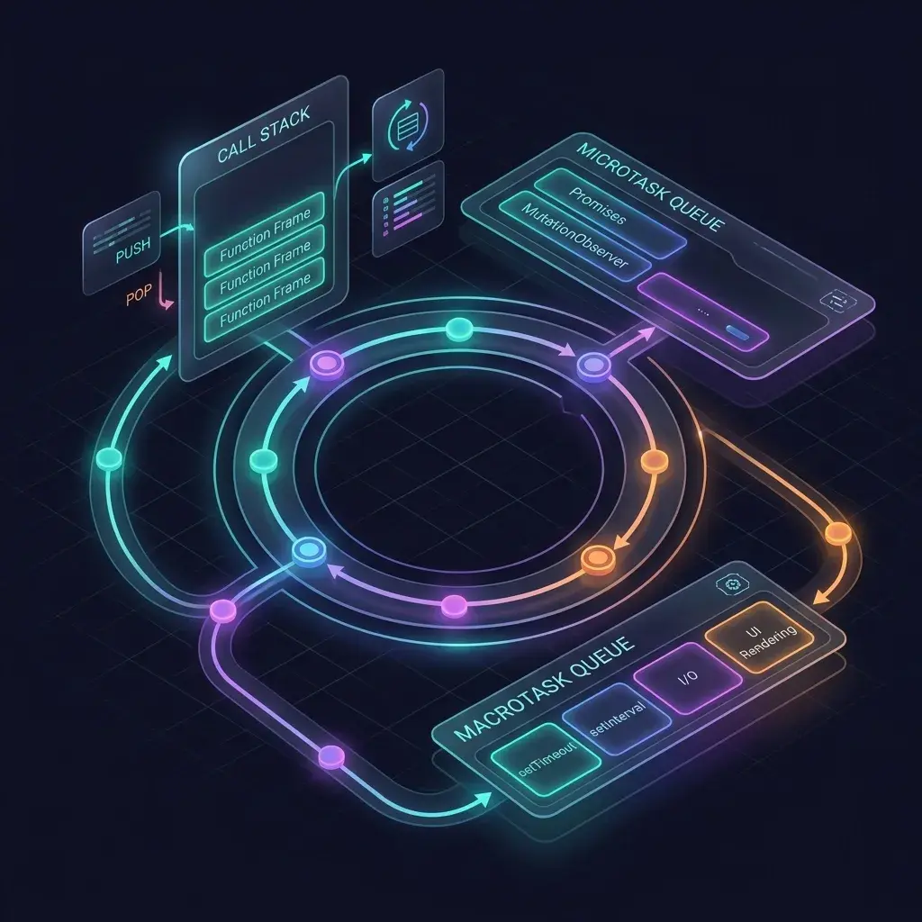 Interactive JavaScript Event Loop Simulator dashboard featuring call stack, queues, and code highlights