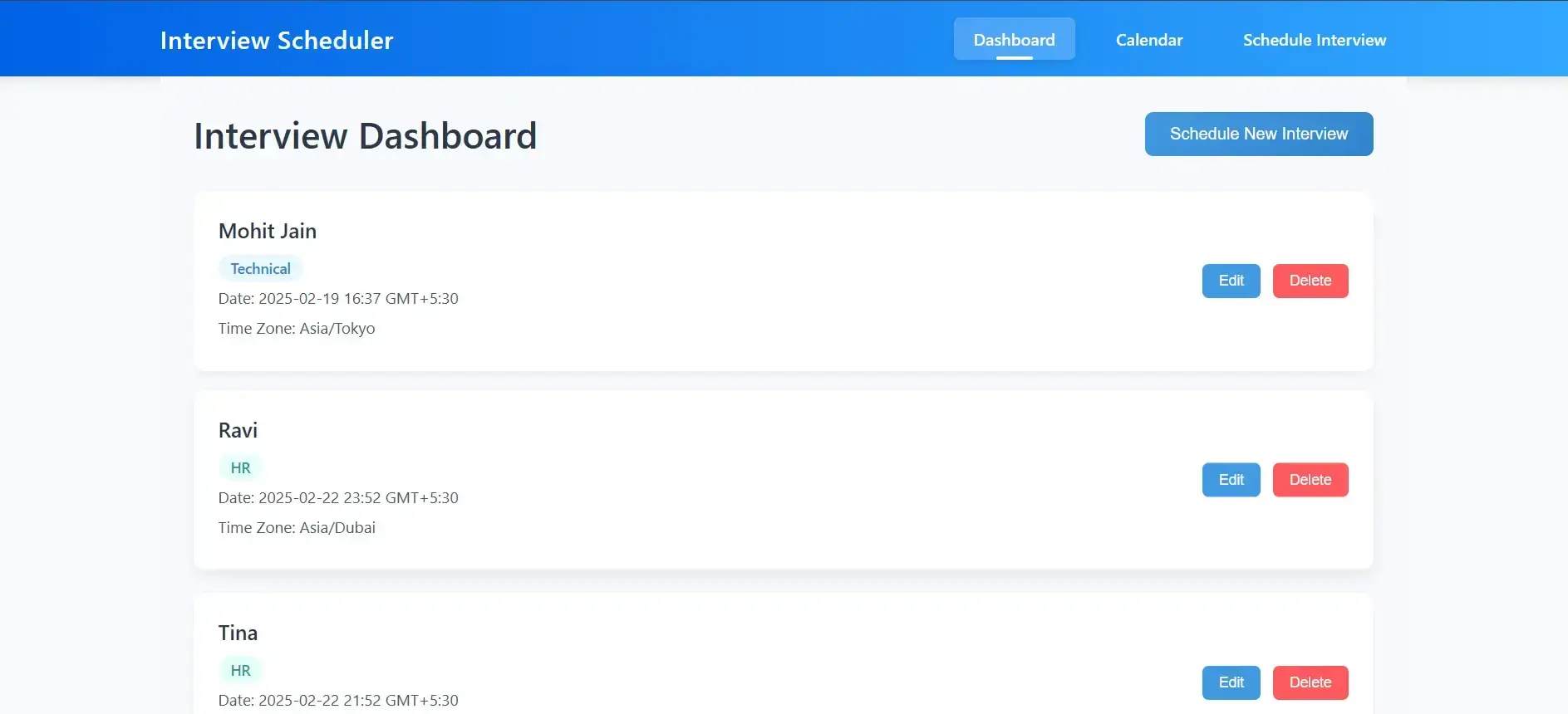 Interview Scheduler calendar dashboard interface