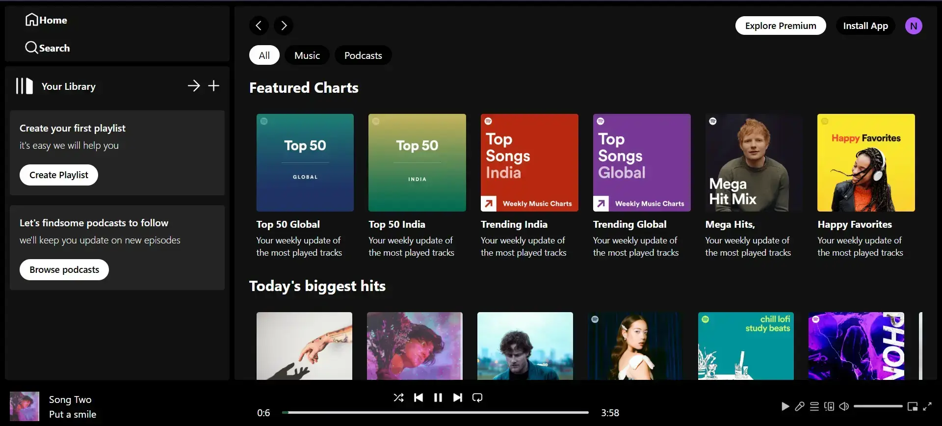 Spotify web player clone showcasing music playlists and side nav