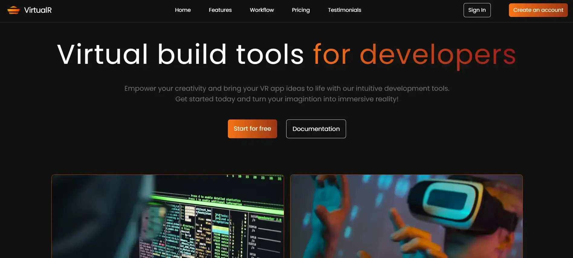 VirtualR Landing page design with glowing features list and code snippets