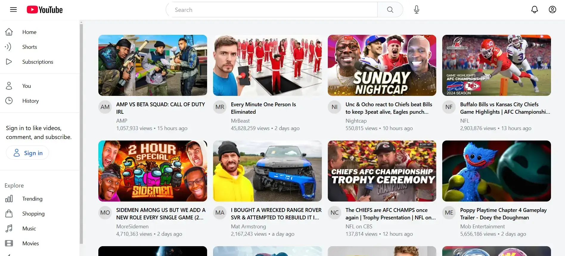YouTube clone homepage layout showing video grid and sidebar navigation