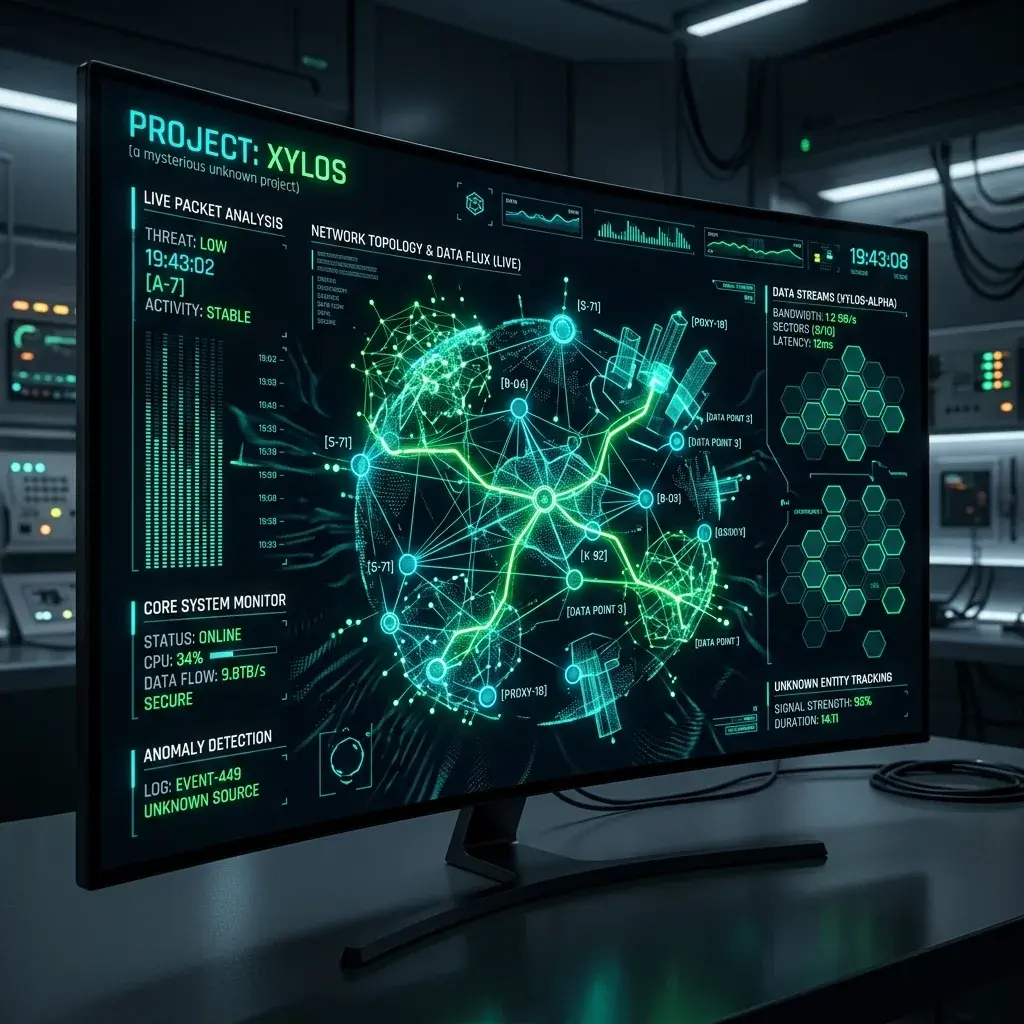 Mysterious dark glowing matrix interface representing a confidential project currently under active development